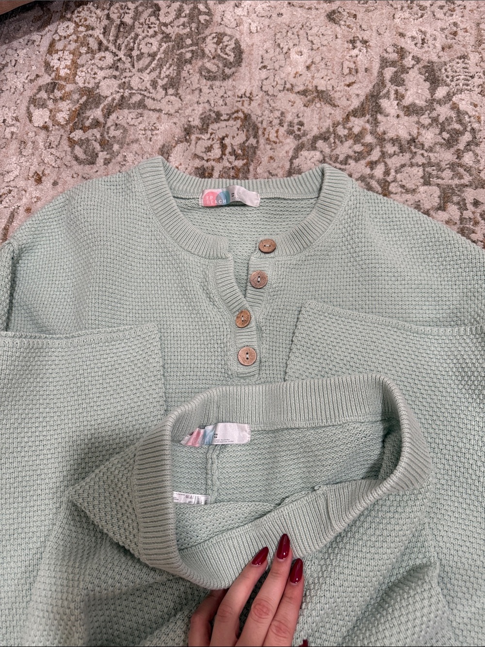 Free People Mint Green Henley Waffle Knit Sweater and capri set